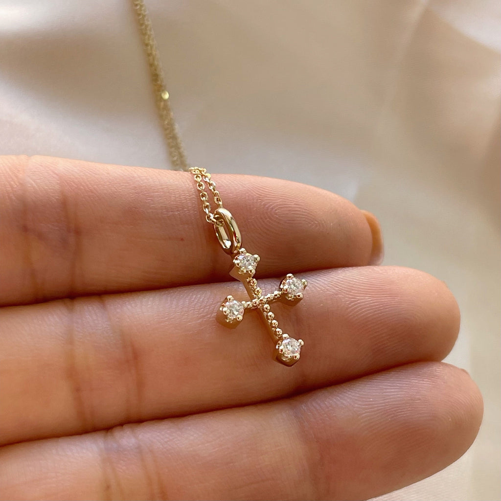 14k Solid Gold 0.15ct diamond tinny cross pendant necklace