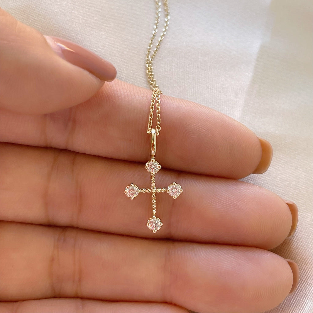 14k Solid Gold 0.15ct diamond tinny cross pendant necklace