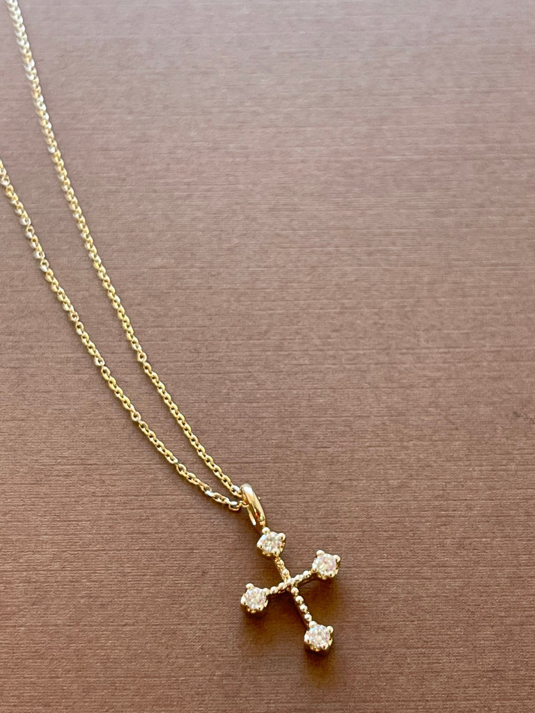 14k Solid Gold 0.15ct diamond tinny cross pendant necklace