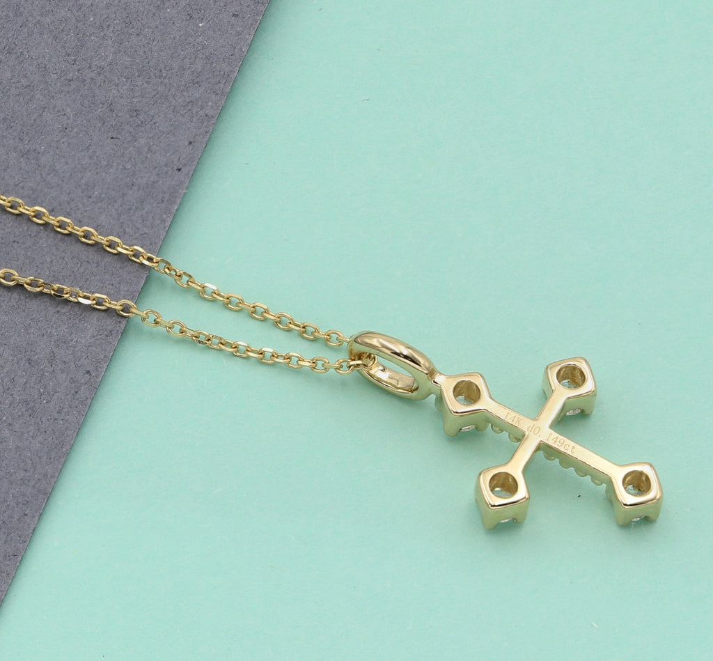 14k Solid Gold 0.15ct diamond tinny cross pendant necklace